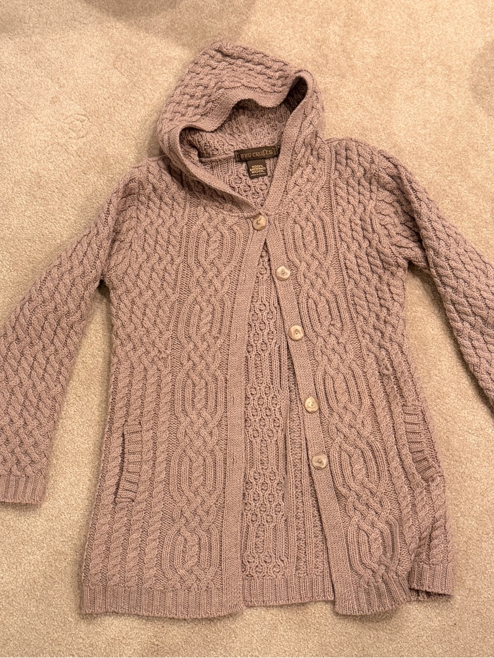 Inis Crafts Mauve 100% wool Hooded Cardigan